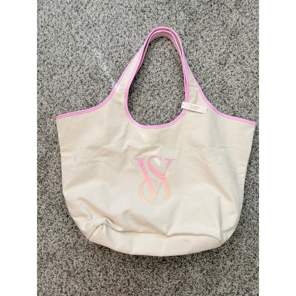 Victoria's Secret Canvas Beach Tote Y2K Aesthetic One Size Cream Pink Vintage